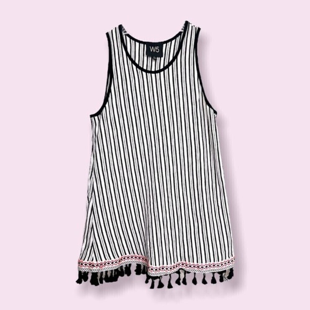 Anthropologie W5 Boho Blouse Black White Sleeveless Tassels Womens Size Small